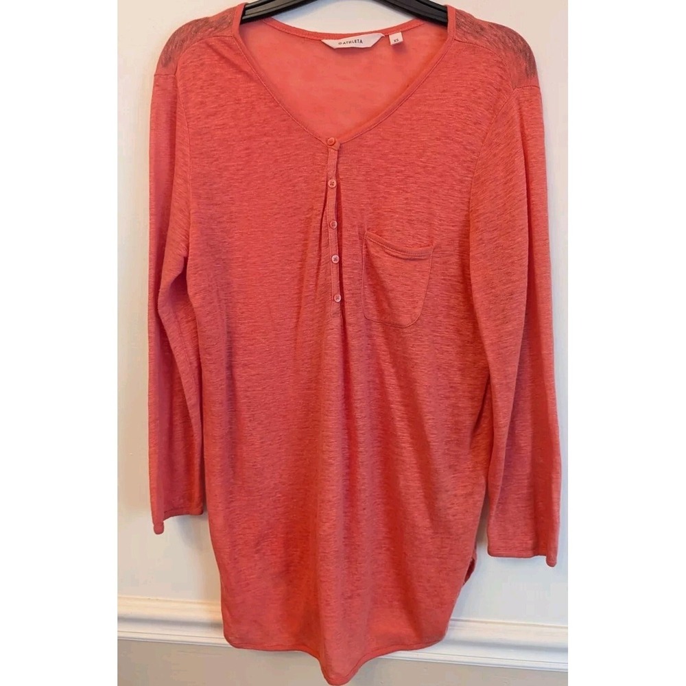 Athleta Newport Henley in Ember Orange Size XS 100% Linen Preppy Coastal Vacay